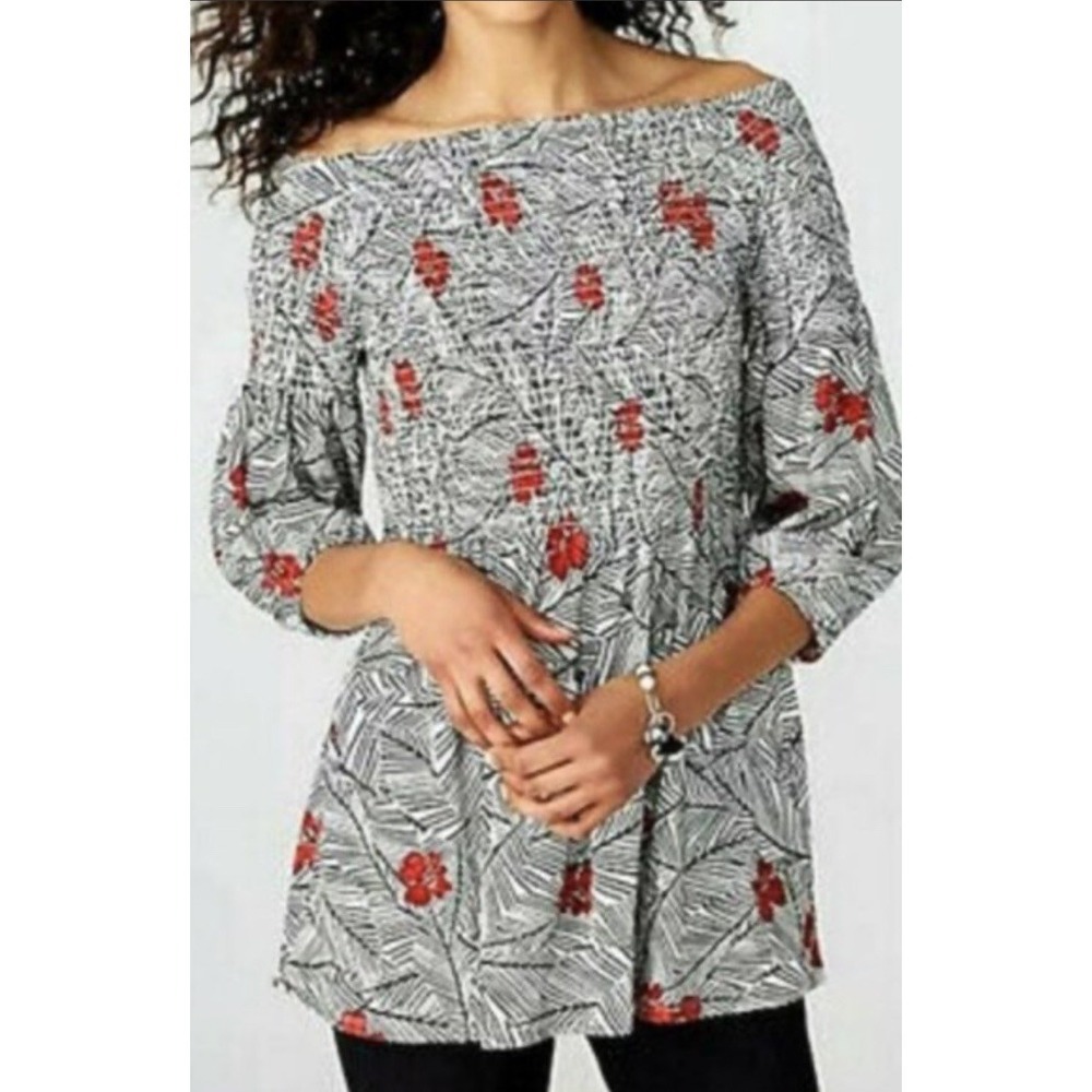 J Jill Smocked Tunic Top‎ Sz XL  3/4 Sleeve Boho Floral Print On/Off Shoulder